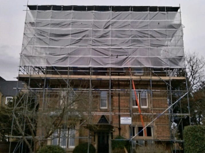 Temporary roof with shrink wrap encapsulation installed by A-Line Scaffolding on a property in Abingdon, Oxfordshire, and the UK Temporary roof with shrink wrap encapsulation installed by A-Line Scaffolding on a property in Abingdon, Oxfordshire, and the UK
